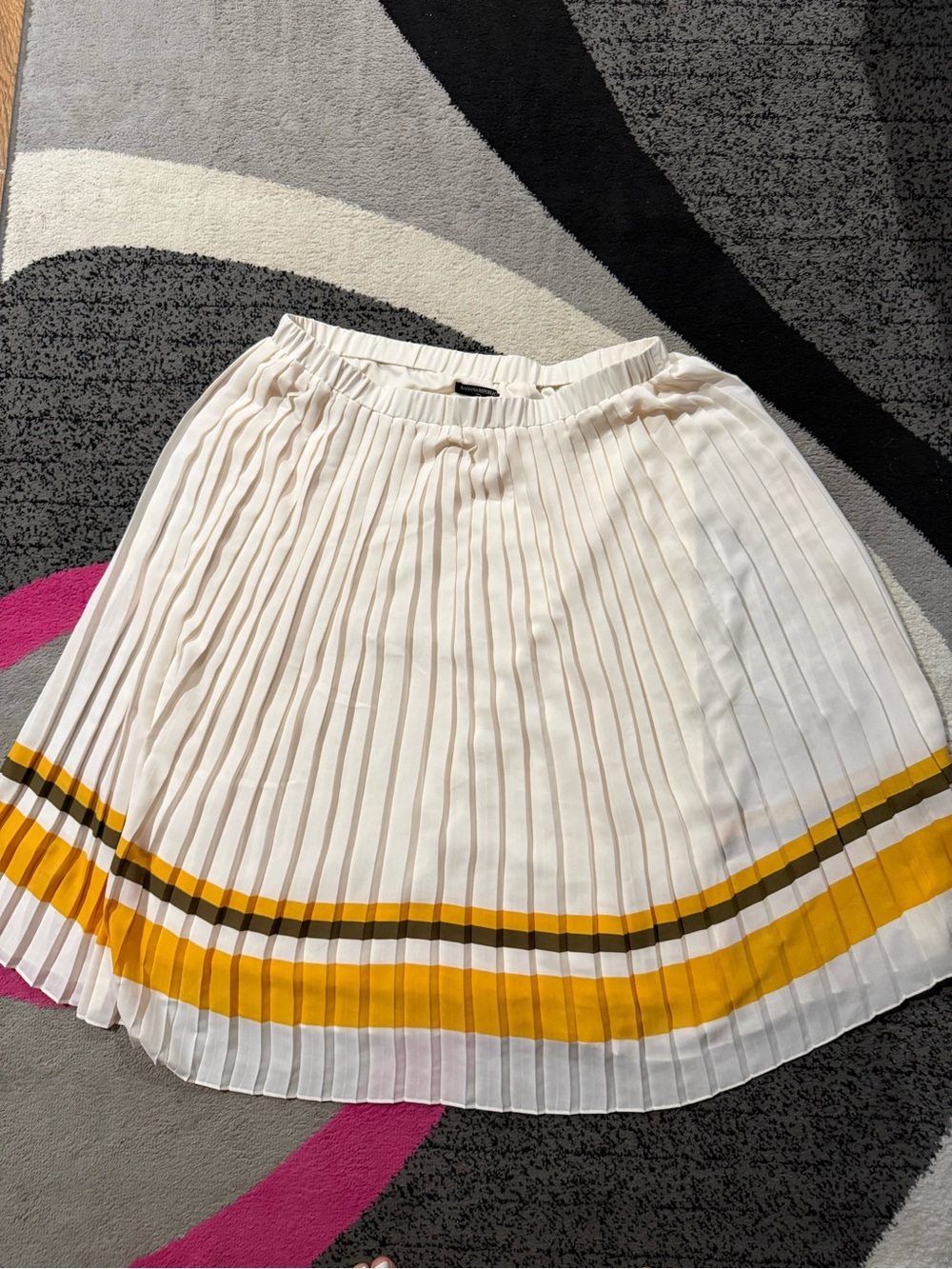 Pleated Ivory Midi Skirt with Mustard Stripe